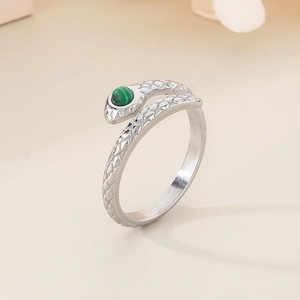 Vintage silver snake ring with green malachite stone and detailed scale texture