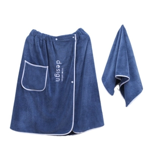 Men's navy coral fleece wearable bath wrap and towel set with white trim and side pocket
