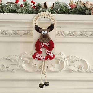Christmas reindeer door hanger decoration with wooden ring and metal jingle bells
