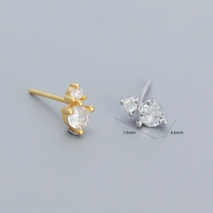 Double zircon 925 sterling silver stud earrings in gold and silver finish, 7.6mm x 4.6mm