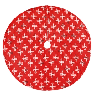 Red Christmas tree skirt featuring white snowflake jacquard patterns for festive decor