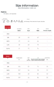 Detailed size guide for women's high-stretch yoga set with nylon fabric specifications