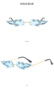 Detailed views of gold-blue rimless flame sunglasses with decorative diamond studs