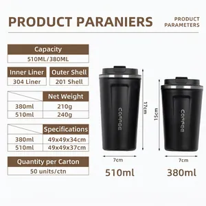 Insulated stainless steel coffee mugs in 380ml and 510ml sizes with dimensions