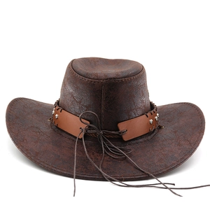 Western brown faux leather cowboy hat with metal studs and woven decorative strap