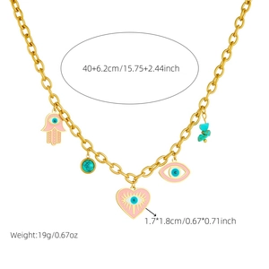Gold stainless steel necklace with pink enamel heart, evil eye and hamsa hand pendants
