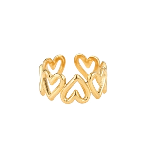 Detail view of the hollow heart-shaped band pattern on this adjustable gold-plated ring