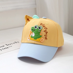 Close-up of kids dinosaur baseball cap with colorful contrast visor and embroidery