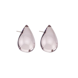 Minimalist acrylic waterdrop stud earrings with a clear grey finish on white background