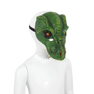 Realistic green 3D dinosaur foam mask for Halloween party costume shown on mannequin