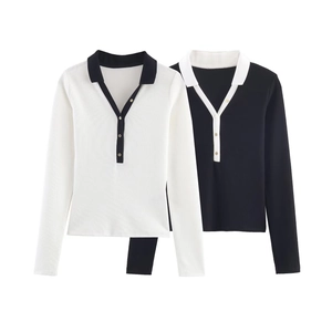 Women Long Sleeve Ribbed Knit Polo Sweater Contrast Color Slim Fit Button Down Pullover Knitwear Top