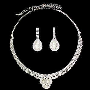 Close-up of sparkling rhinestone necklace and earring set with drop-shaped pendants