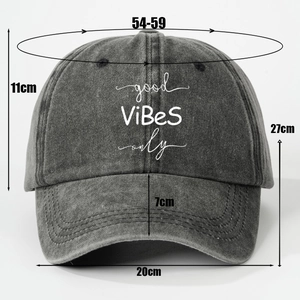 Vintage washed grey baseball cap with good vibes only print and adjustable strap