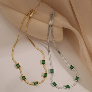 Emerald Green Cubic Zirconia Square Pendant Snake Bone Chain Necklace Titanium Steel Elegant Vintage Jewelry For Women