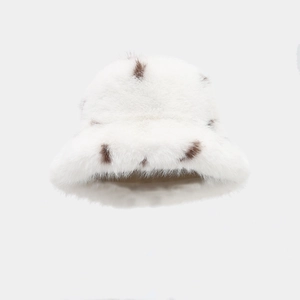 Women's leopard print plush bucket hat and scarf set in soft white faux fur