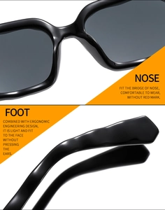 Detail view of ergonomic nose pads and temples of black square frame sunglasses