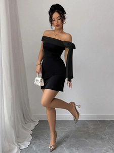 Elegant black off-shoulder mini dress with shoulder ribbon and slim fit silhouette