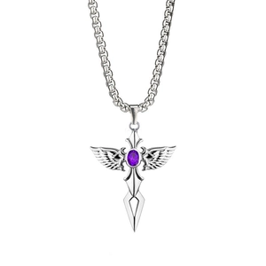 Silver stainless steel cross necklace with wings and a purple oval gemstone pendant