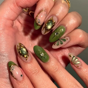 3D Press On Nails Almond Shape Emerald Green Nude Gold Butterfly Rhinestone Marble Stone Bohemian Retro Luxury Women