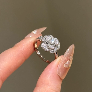 Elegant zircon camellia flower open ring in silver finish for women on finger