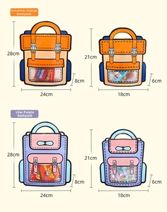Detailed size chart for cartoon backpack-shaped snack packaging bags in orange and purple