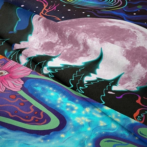 Detailed texture of psychedelic mushroom tapestry with glowing moon and star pattern