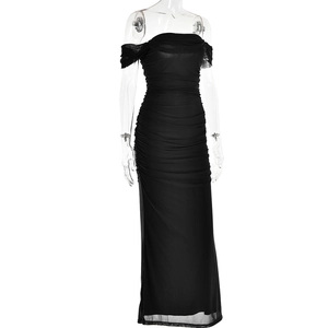 Detail view of the black off-shoulder ruched dress with elegant pleated design