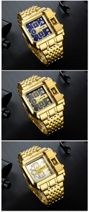 Detailed comparison of three large gold men's watches with blue, black, and white dials