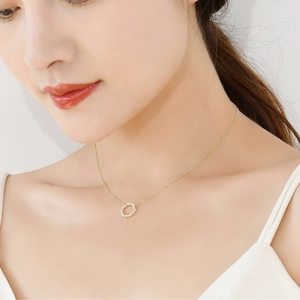 Detail of 14k gold plated sterling silver circle necklace with pave-set zircons on model
