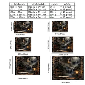 Size chart for Halloween fantasy forest tapestry showing dimensions and weight in cm and inches