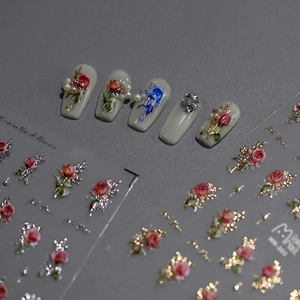 Nail Art Stickers 3D Relief Self Adhesive Vintage Oil Painting Rose Floral Designs French Luxury Elegant Manicure Decals