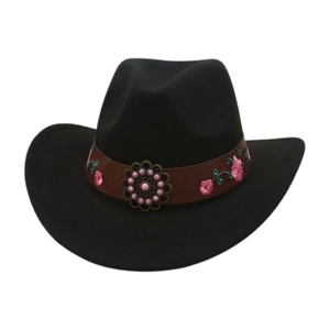 Black wool western cowboy hat with floral embroidery and retro metal buckle detailing