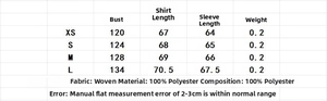 Size chart table for linen-blend wide sleeve shirt with detailed bust and length measurements