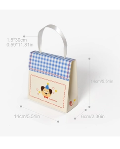 Detailed view of cream and blue plaid gift bag with dog illustration and dimensions