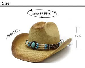 Size chart showing dimensions for the western straw cowboy hat with turquoise beads