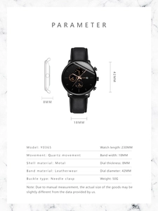 Detailed parameter diagram for black quartz watch showing 42mm dial and leather strap size