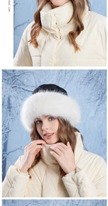 Close-up of fluffy faux fur trim on a winter trapper hat with black quilted waterproof top