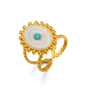 Bague ajustable en acier inoxydable doré avec perle turquoise et bordure décorée