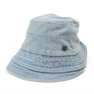 Detail of blue washed denim bucket hat showing neat stitching and round metal logo