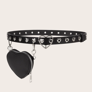 Punk style heart buckled belt with hollow grommets and matching mini heart pouch bag