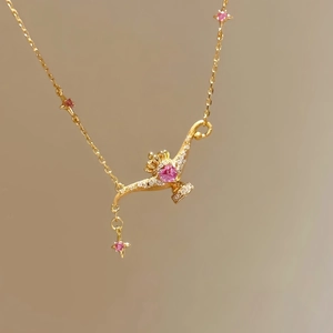 24K gold plated magic lamp necklace with pink heart gemstone and sparkling cubic zirconia