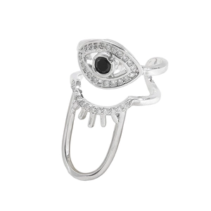 Macro detail of silver evil eye nail ring with cubic zirconia and black center stone