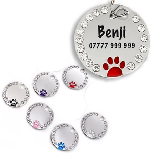 Detailed view of silver pet ID tags with rhinestones and colorful paw print engravings