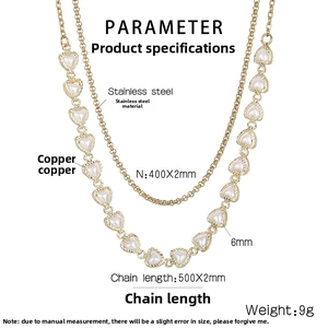Detail of double-layer necklace showing dimensions of heart charms and gold chain length