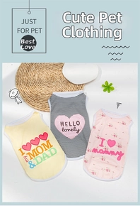 Detailed view of three cotton summer dog vests with heart prints and breathable mesh fabric