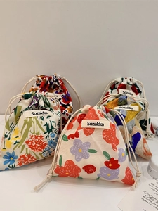 Floral cotton linen drawstring pouch set for small cosmetics and jewelry storage