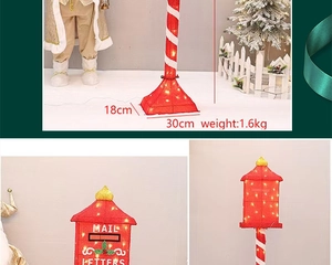 Detail showing red and white LED Christmas mailbox decoration with metal base and dimensions