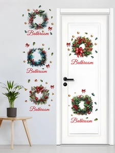 Weihnachtskranz-Aufkleber für die Badezimmertür mit rotem Bathroom-Schriftzug
