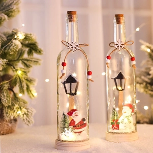 Christmas LED Glass Bottle Light Up Ornament Wood Base Santa Snowman Micro Landscape Warm White Table Top Desktop Decor