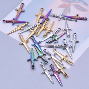 Detailed view of DIY stainless steel sword pendants in gold, silver, and rainbow colors